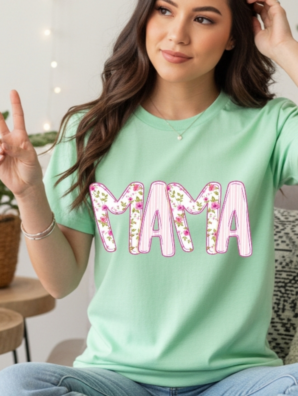 Gildan Mint Green "MAMA" Floral Short Sleeve Tee